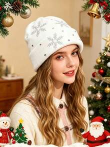 1pc Women's Autumn/Winter 2026 New Snowflake Rhinestone Knitted Beanie Hat, Classic Minimalist Versatile Warm Headwear - Multicolor - View 4