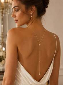 XYHEALER 1pc Women's Backless Necklace, Gold Rhinestone Floral Back Ornament Necklace With Water Drop Pendant, Bridal Lanyard Back Jewelry, Suitable For Wedding Backless Dress - Gold - View 3