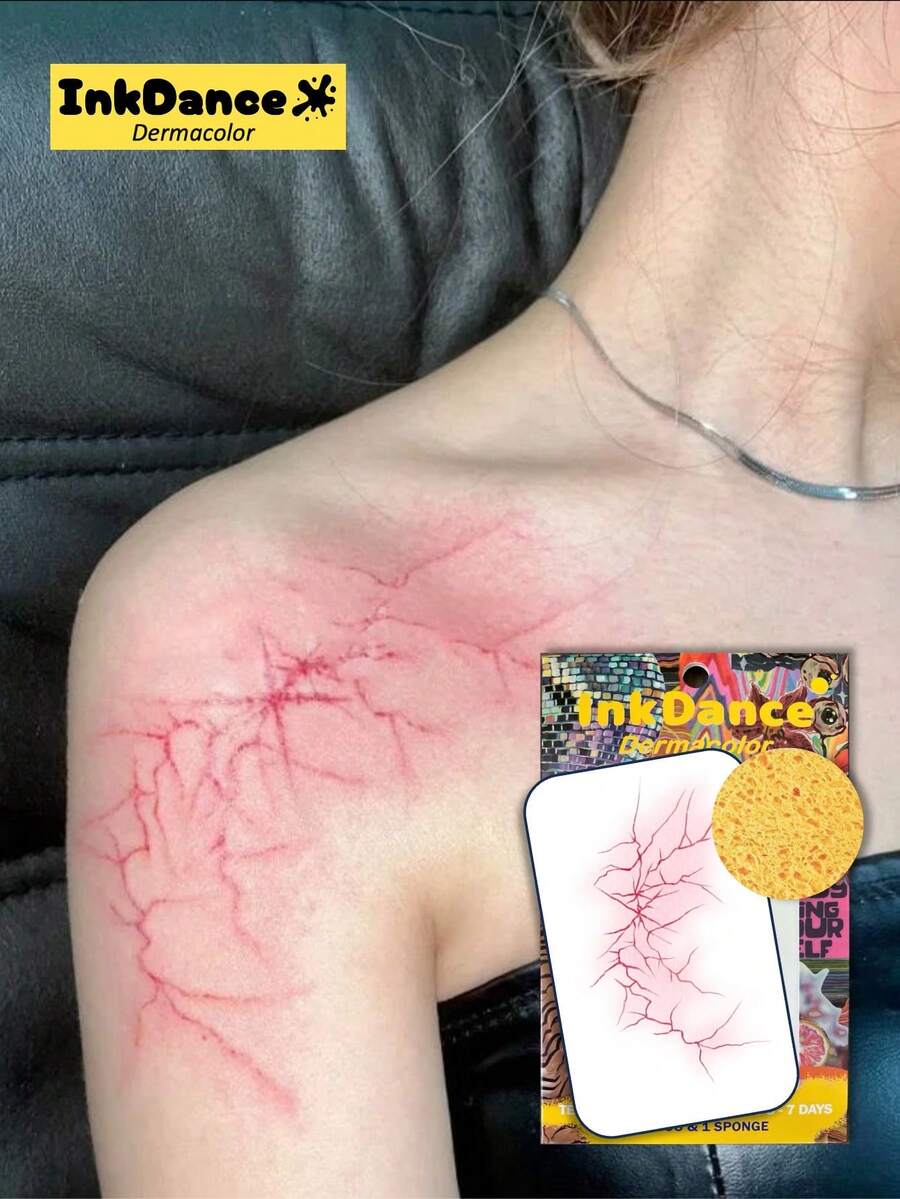 1 Kit "Red Lightning Heart" Temporary Tattoos, Fake Tattoos, Waterproof, Authentic Tattoo Look, Halloween Scar, Blood Injury Cut Scratches Stitches, Scary Makeup, Colorful, Halloween, InkDance Ink Dance, Easy To Apply And Remove, Men, CSD069 - Multicolor - View 1