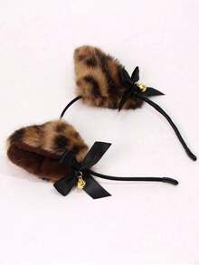 2PCS Brown (Cat Ears + Bell) 1set, Leopard Print, Cat Ears, Wolf Ears, Halloween Fox Ears, Cute Party Polyester Headband Animal Ears COS Headpiece, Wearable All Seasons, Christmas - Multiple Styles - View 3