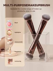 MAANGE 1pc Dual-Ended Professional Makeup Brush, 2-In-1 Multi-Function Brush, Suitable For Foundation And Contouring, Applicable For Liquid, Cream And Powder Products, Great Gift Choice For Makeup Enthusiasts - Brown - View 7
