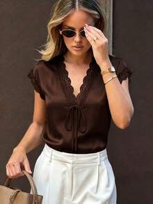 Women's Solid Color Sweet Satin Lace Patchwork V-Neck Tie Loose-Fitting Slim Vacation Style Top, Lace Patchwork Tie Sleeveless Solid Color Summer - Brown - View 3