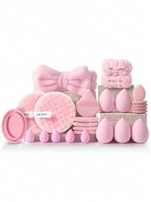 26Pcs All‑In‑One Cosmetic Accessory Kit, Assorted Soft Multi‑Shape Makeup Sponges, Triangle Powder Puffs, Reusable Makeup Remover Pads, Brush Washing Bowl, Cute Bow Facial Headbands, Multi‑Color Option, Versatile Face Tools For Liquid - Multicolor - View 2