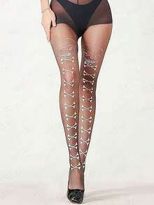 Halloween Asymmetrical Skeleton & Blue Tie‑Dye Print Sheer Tights Gothic Cosplay Pantyhose - Black - View 3