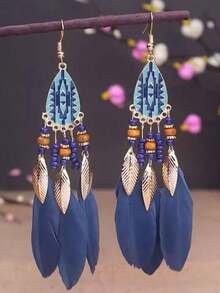 2pcs Bohemian Feather Tassel Earrings, With A Lively , Suitable For Island Vacations, Music Festivals, And Beach Gatherings - Multicolor - View 9