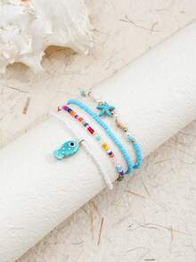 4PCS Ocean Style Blue Series Sea Fish & Starfish Pendant Anklet Set, Faux Shell & Colorful Seed Bead Elastic Cord Anklets For Women - Gold - View 3