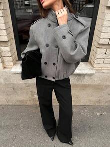 Solid Grey Drop Shoulder Short Jacket For Fall Winter - Grey - View 5