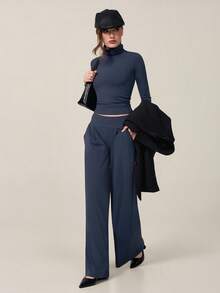 TimeOff Setelan Satu Set Wanita Musim Gugur/Dingin, Warna Polos, Minimalis, Premium, Atasan Leher Tinggi Bertumpuk dengan Kantong Samping dan Celana Panjang Lebar - Navy Blue - View 8