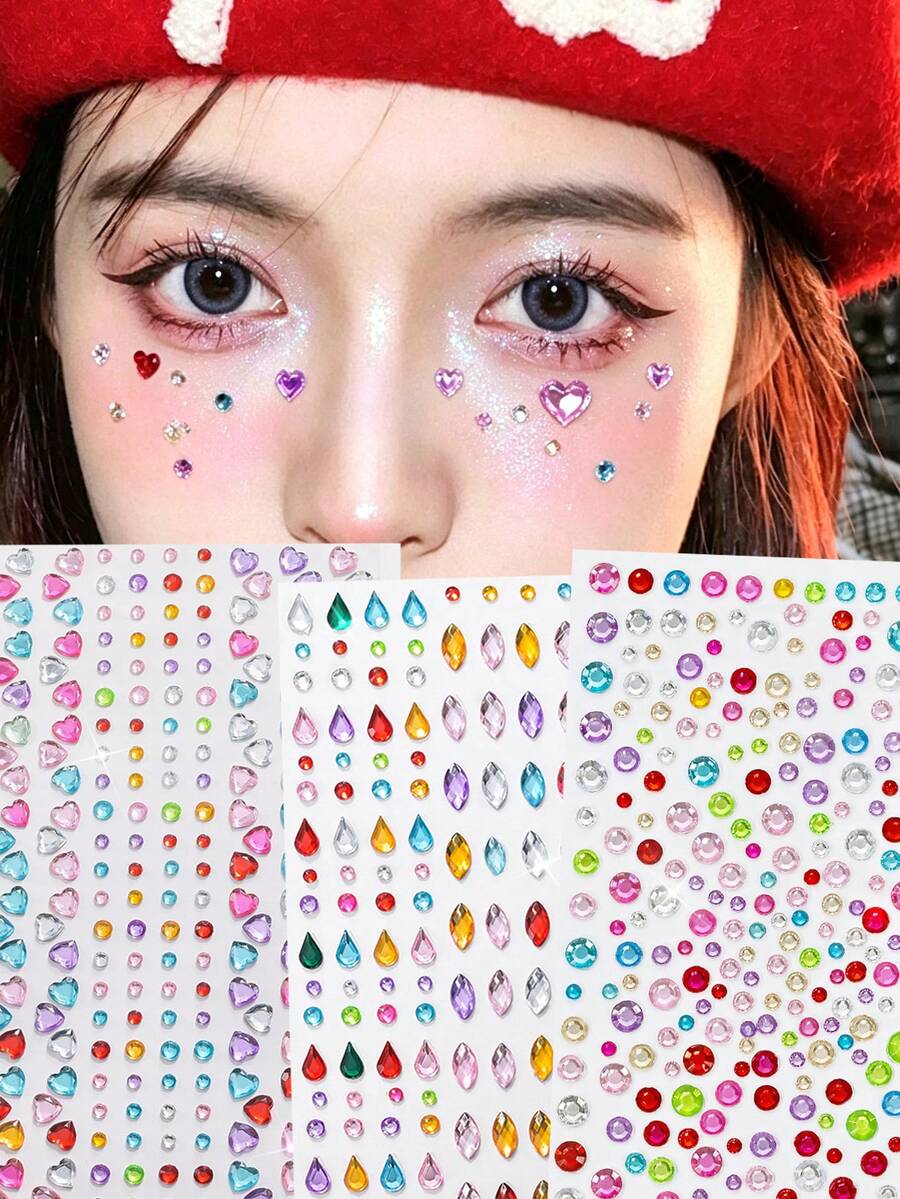 3Pcs Y2K Festival Face Gems Stickers Multicolor Mixed Heart Teardrop Round Self‑Adhesive Rhinestones Facial Diamond Decals Colorful Crystal Jewels For Rave Christmas Halloween Cosplay Body Eye Makeup Decor