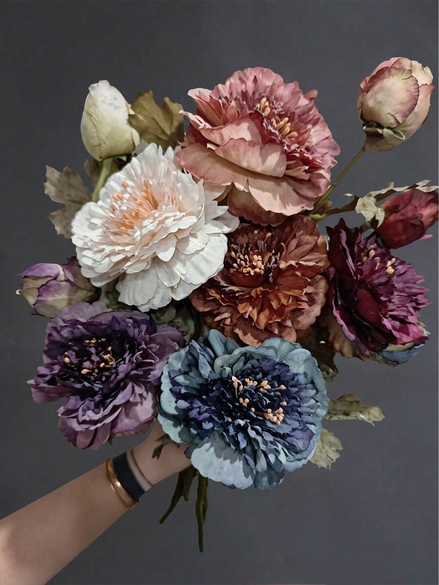 1pc Vintage Double-Head Large Peony Artificial Flower, European Style Silk Peony Floral Decoration, Home Decor, Photography Prop - Multicolor - View 1