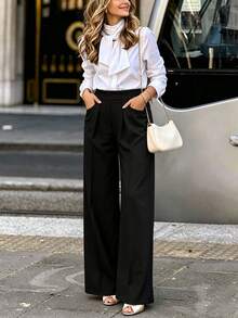 Solid Color Belt Pocket Zipper Office Women's Long Pants - Black - View 4