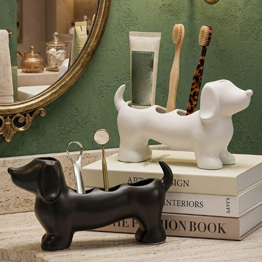 Cute Dachshund Shaped Multi-Function Toothbrush Holder ,Cute Multi-Function Bathroom Storage Rack, Can Store Electric Toothbrush And Toothpaste. Suitable For Placement On Washbasin Countertop,Electric Toothbrush And Bathroom Accessories