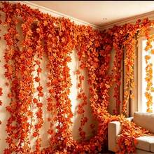 12pcs Extra Long Autumn Maple Leaf Garland, Artificial Red Silk Maple Leaves, Hanging Vines For Thanksgiving Home Wedding Garden Fireplace Porch Decor (Handmade Product, Normal For Some Leaves To Fall Off, Does Not Affect Use) (Due To Shooting Angle And Display Issues, There May Be Slight Color Difference Between Actual Product And Image, Normal Phenomenon, Does Not Affect Use) - Orange - View 5