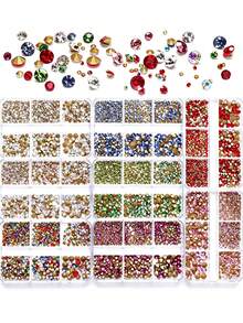 6-Grid Mixed Size Pointed Back Glass Nail Rhinestones, Nail Art Embellishment Accessory, DIY Nail Decoration, For DIY Nail Design And Daily Wear - Multicolor - View 1