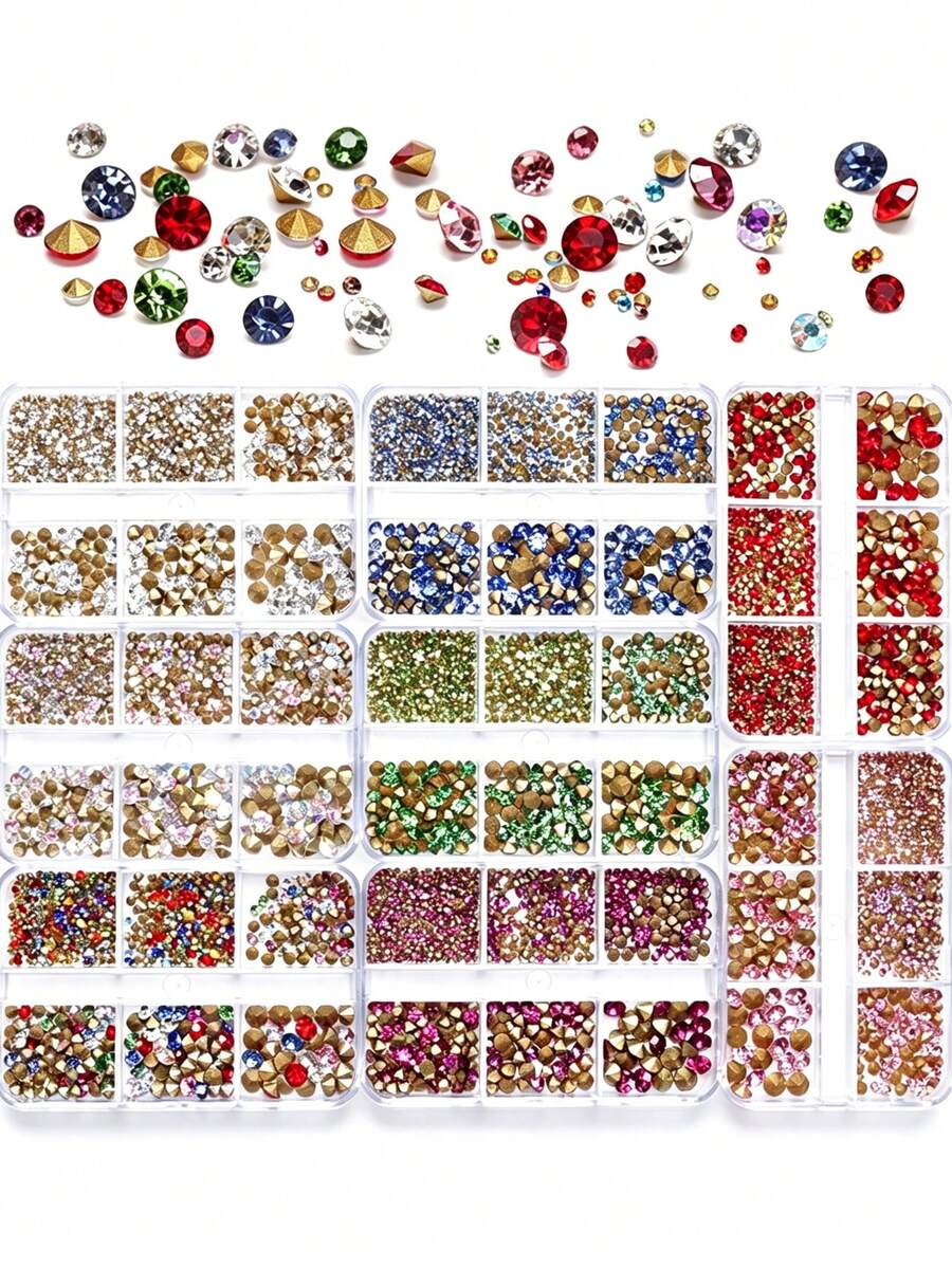 6-Grid Mixed Size Pointed Back Glass Nail Rhinestones, Nail Art Embellishment Accessory, DIY Nail Decoration, For DIY Nail Design And Daily Wear - Multicolor - View 1