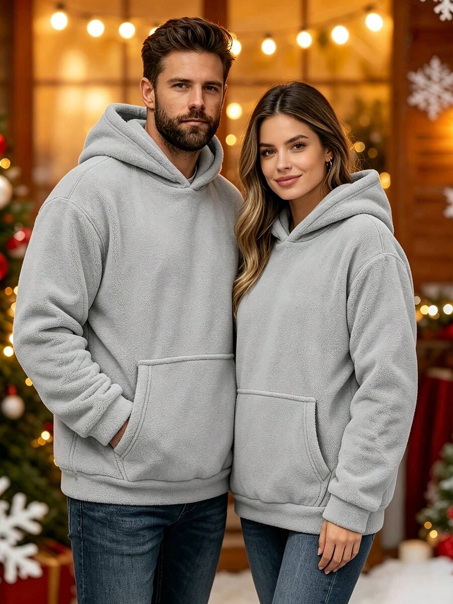 ARUNOW Men's Solid Color Polar Fleece Hooded Sweatshirt, Large Kangaroo Pocket Pullover, Casual Street Style Loose Fit Hooded Top, Suitable For Daily Commute And Weekend Outdoor