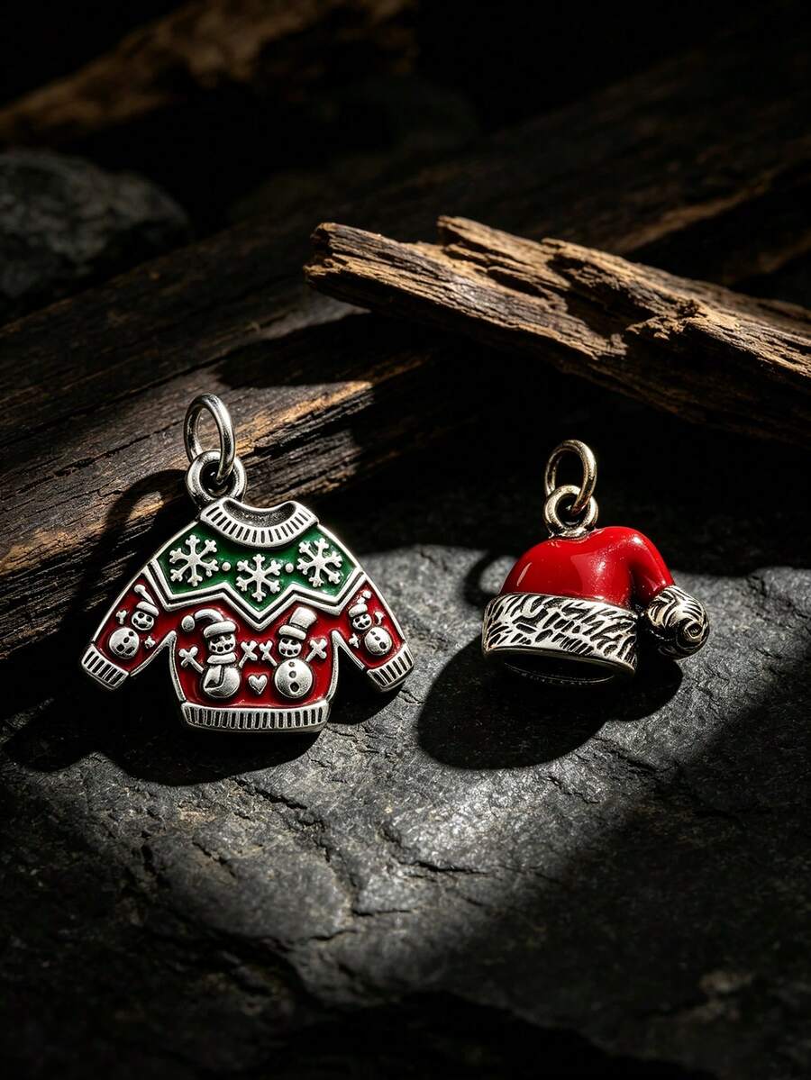 925 Sterling Silver Enamel Ugly Sweater And Santa Hat Charm Set Fun Winter‑Themed Accessory Thoughtful Pre‑Christmas Gift For Custom Bracelet Jewelry - Santa Hat - View 1