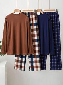 Man's Autumn/Winter Blue/Brown Round Neck Long Sleeve T-Shirt+Checkered Pants And Sleepwear Set, Teenager Daily Leisure And Entertainment Home Clothes - Multicolor - View 3