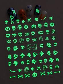 Beauty Sticker 3Pcs Halloween Luminous Nail Sticker, Autumn Ghosts Pumpkins Spiders Glow-In-The-Dark Self-Adhesive Nail Decal, Perfect For Women's Halloween Party And Cosplay DIY Nail Art. - Multicolor - View 3