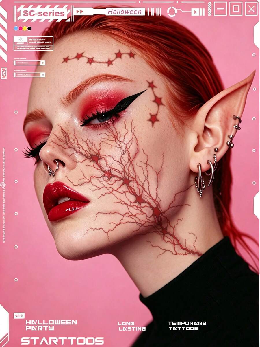 STARTTOOS Halloween Red Star & Vein Pattern Face, Arm, Shoulder, Neck Waterproof Temporary Tattoo Stickers, 1pc/Pack, DIY Party Gift For Music Festival - Red - View 1