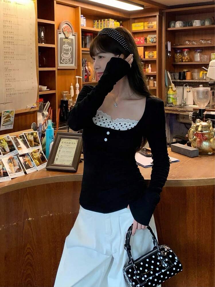 女款波點拼接長袖T恤，修身款上衣，適合初秋穿著 - 黑色 - 查看 4