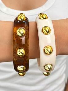Set Gelang Resin Lebar Gaya Vintage Eropa & Amerika 1/2 buah dengan Paku Keling Emas, Tekstur Marmer Amber Imitasi, Aksesori Gelang Wanita Berlapis yang Dipersonalisasi - MultiWarna - View 8