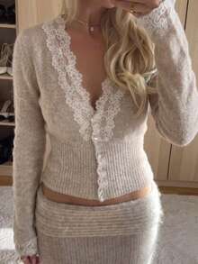 Women's Elegant Autumn/Winter New V-Neck Lace Trim Vintage Pullover Button-Up Date Sweater Fall - Apricot - View 1