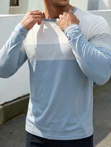 Men's Autumn/Winter Minimalist Casual Blue & White Colorblock Striped Long Sleeve T-Shirt - Multicolor - View 3