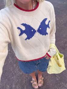 Sweater Rajut Wanita Model Pullover, Motif Berlian, Lengan Panjang Mengembang, Atasan Pendek dengan Trim Kontras, Cocok untuk Dipakai di Musim Gugur/Musim Dingin - Aprikot - View 4