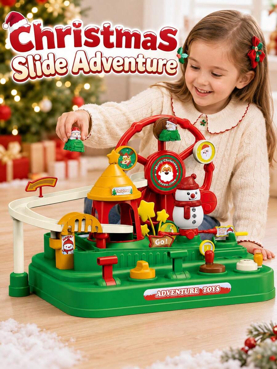 Children's Christmas Theme Adventure Track Set: Inertia Glide Car & Ferris Wheel Educational Toy, Holiday Gift For Boys And Girls