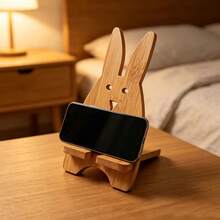 1pc Bamboo Phone Stand, Natural Material, Rabbit Phone Holder, Suitable For All Smartphones - 1pc Rabbit Phone Holder - View 1