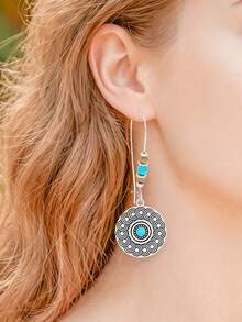 1 Pair Bohemian Long Hook Earrings, Distressed Silver Mandala Carved Disc With Turquoise And Wooden Beads, Vibe Earrings Suitable For Beach, Casual And Daily Wear - Antique Silver - View 1