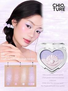 CHIOTURE Shell Sweetheart 3-Color Highlighter Palette, Menciptakan Kulit Bercahaya dan Lembap, Mencerahkan Wajah dan Sudut Dalam Mata, Putih dengan Kilauan Halus Ungu, Kilau Berlian, Kilau Mutiara Satin, Tekstur Mousse Krim, Palet Warna Multifungsi, Cocok untuk Pemula - 03 Bintang Ungu - View 6