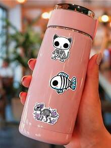 50Pcs Halloween Skeleton Decoration Stickers Gothic Cartoon‑Skull Themed Stickers, Cute Animal Skeleton Waterproof Decals, Scrapbooking & Journaling Stationery Decor - Multicolor - View 5