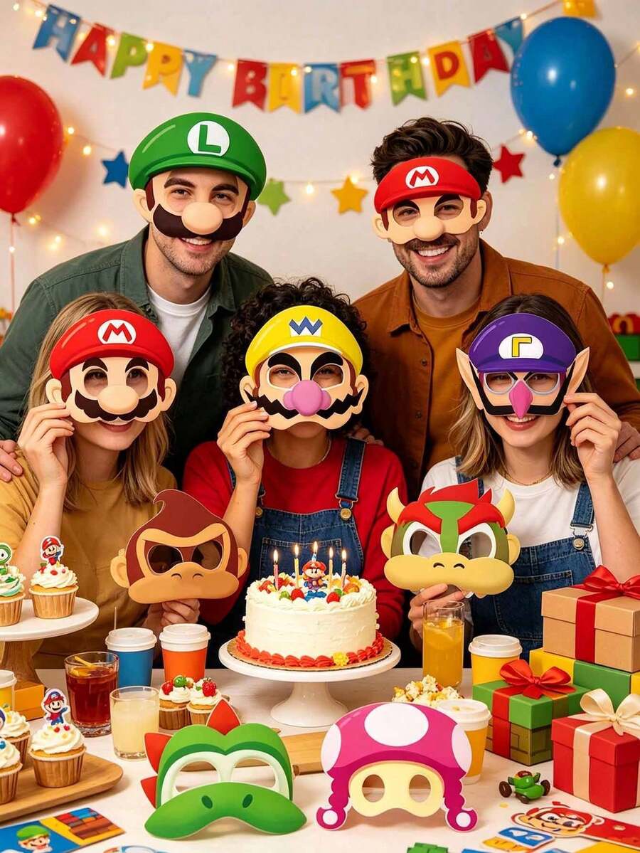 Hasbro 12/24 قطعة قبعات حفلة ورقية بموضوع ماريو، مجموعة متعددة الشخصيات، إكسسوارات تنكرية مرحة للحفلات في عيد الميلاد والهالوين والعطلات وأعياد الميلاد، أقنعة ودعائم تصوير - مقاس موحد - مشاهدة 1
