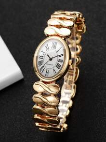 Exquisite Luxury Twisted Alloy Chain Watch, Classic Roman Numeral Oval Dial Versatile Women's Quartz Watch, Gift For Girlfriend (1pc/Set) Watch Box Not Included - Gold - View 6