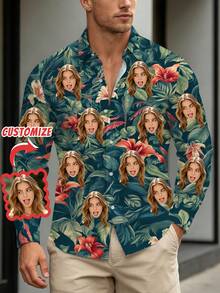 Custom Men's Casual Long Sleeve Shirt, Personalized Button Design, Customizable Print Pattern Design Men's Long Sleeve Shirt, Suitable For Daily, Holiday, Casual Party Wear, Unique Christmas Gift For Family And Friends, Commemorative Gift - White - View 1