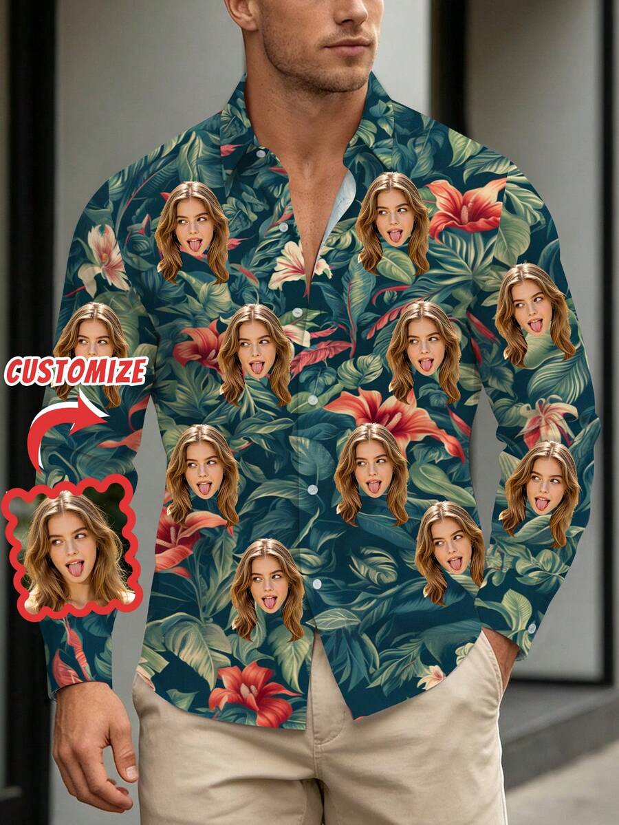 Custom Men's Casual Long Sleeve Shirt, Personalized Button Design, Customizable Print Pattern Design Men's Long Sleeve Shirt, Suitable For Daily, Holiday, Casual Party Wear, Unique Christmas Gift For Family And Friends, Commemorative Gift - White - View 1