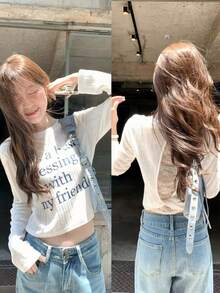 Korean Style White Lace Backless Shoulder Long Sleeve T-Shirt Women Autumn Short Design Top - White - View 2