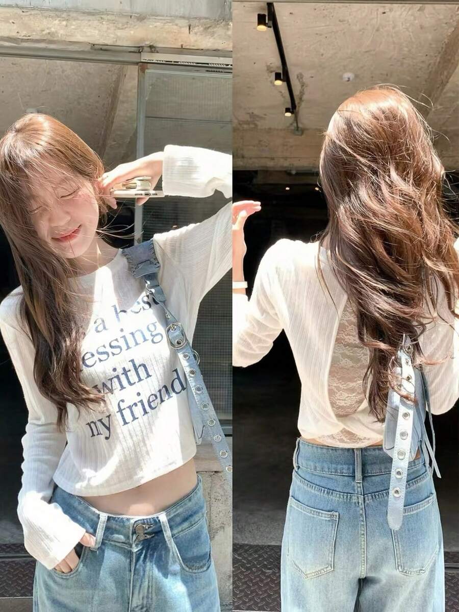 Kaos Wanita Lengan Panjang Tanpa Punggung Berenda Putih Gaya Korea, Desain Pendek Musim Gugur - Putih - View 1
