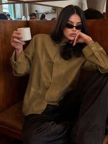 Women's Satin Knot-Button Shirt Vintage Chinese Style Mandarin Collar Long Sleeve Blouse Female Elegant Tops - Brown - View 2