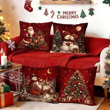 4pcs/1pc Sarung Bantal Motif Natal Vintage Latar Belakang Merah Tanpa Isian, Sarung Bantal Cetak Satu Sisi, Cocok untuk Dekorasi Rumah Ruang Tamu dan Kamar Tidur, Sarung Bantal Sepanjang Musim - MultiWarna - View 1