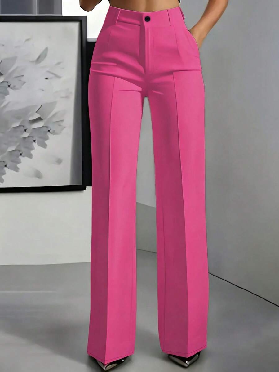 Pantalones casuales de mujer con bolsillos y cierre de botones, versátiles para uso diario - Rosa Roja - 1 - Ver 1