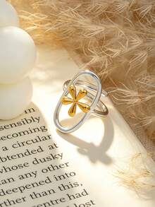 6pcs 18K Gold Plated Stainless Steel Ring Set, Flower Design, Style, Waterproof Jewelry, Elegant Rings, Stackable Rings, Gold Tone Jewelry Set, Exquisite Gift, - Gold - View 2
