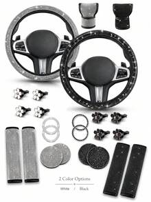 12pcs Shiny Rhinestone Car Interior Accessories Set, Suitable For Women, Universal 15-Inch Crystal Steering Wheel Cover, Seat Belt Protector, Cup Holder, Air Vent Clip, Diamond Decor Ring, Shiny Car Interior Decoration Set, Black And White Available - Type a - View 1