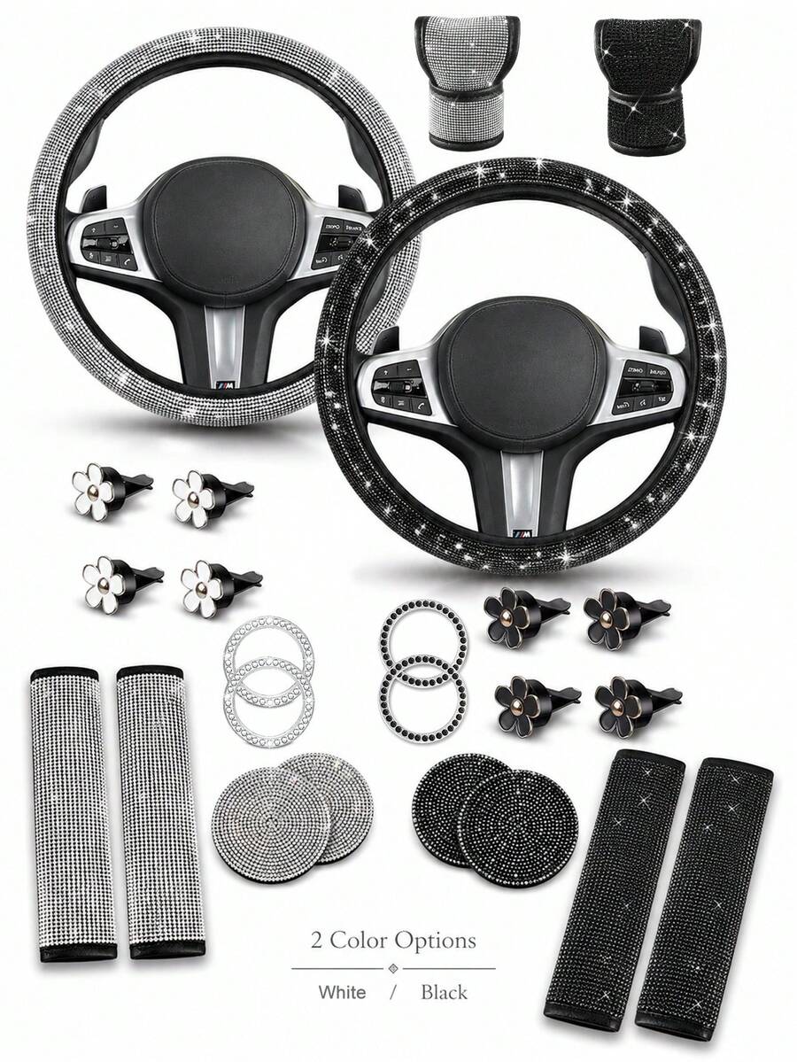 12pcs Shiny Rhinestone Car Interior Accessories Set, Suitable For Women, Universal 15-Inch Crystal Steering Wheel Cover, Seat Belt Protector, Cup Holder, Air Vent Clip, Diamond Decor Ring, Shiny Car Interior Decoration Set, Black And White Available - Type a - View 1