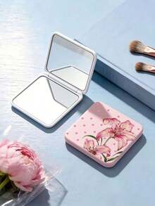 New Polka Dot Lily Pattern Portable Square Makeup Mirror Double-Sided Square Makeup Mirror Women Foldable Makeup Mirror Compact Minimalist Makeup Mirror Suitable For Wallet And Travel Mini Makeup Mirror, Print Density And Position Random - Multicolor - View 4