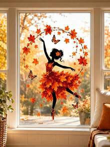 1pc Autumn Leaf Dancer Silhouette Window Decal, Glue-Free PVC Static Cling Sticker, Creative Aesthetic Maple Leaf Butterfly Glass Sticker, Autumn Atmosphere Art Window Decal - Multicolor - View 1