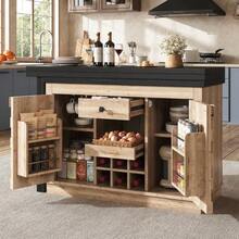 360° Rotating Kitchen Island And Sideboard 120–197 Cm With Patchwork Doors, Removable Wine Rack And Drawers, 2 Colors (Light Oak / Black) - Natural Color - View 4