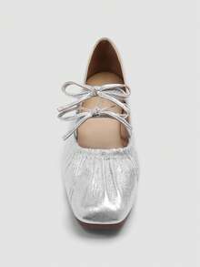 ADAMUMU Shiny Fabric Double Bow Pleated Square Toe Flat Shoes, Ruched Ballet Soft Sole, Sweet & Cool Versatile Comfortable - Silver - View 5